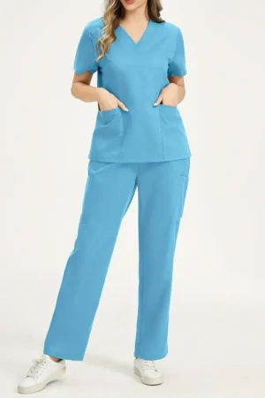 Unisex Polyester Scrub Set V-Neck Top with Pockets