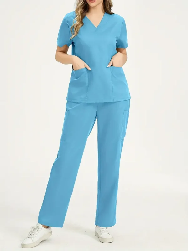 Unisex Polyester Scrub Set V-Neck Top with Pockets
